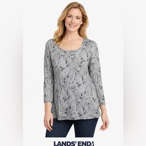 NWT Lands End Size Square Neck Peasant Paisley Top Black White XSP